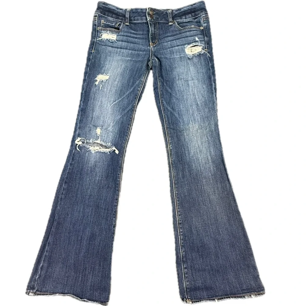 American Eagle Artist Jeans Womens 10 Blue Distressed Ripped Flare Stretch Denim